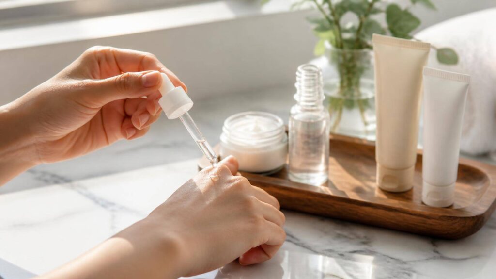 Bancada de mármore com potes genéricos de skincare e mãos aplicando sérum com conta-gotas.